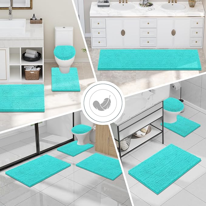 Smiry Luxury Chenille Bathroom Rugs 30x20, Extra Soft and Absorbent Shaggy Bath Mat, Machine Washable, Non-Slip Plush Carpet Runner for Tub, Shower, and Floor, Home Decor Accessories, Turquoise