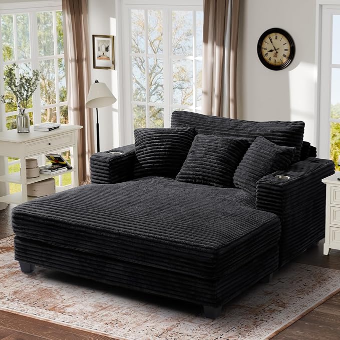 HUSFU 60'' Oversized Chaise Lounge Chair Indoor, Fluffy Plush Faux Fur Upholstered Sleeper Sofa Bed, Chaise Lounge Reading Chairs w/USB&Type C Port, Cozy Lazy Couch for Living Room, Black