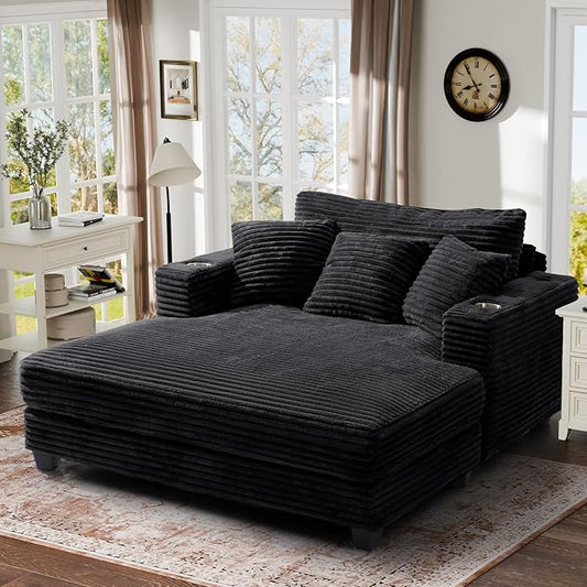 HUSFU 60'' Oversized Chaise Lounge Chair Indoor, Fluffy Plush Faux Fur Upholstered Sleeper Sofa Bed, Chaise Lounge Reading Chairs w/USB&Type C Port, Cozy Lazy Couch for Living Room, Black