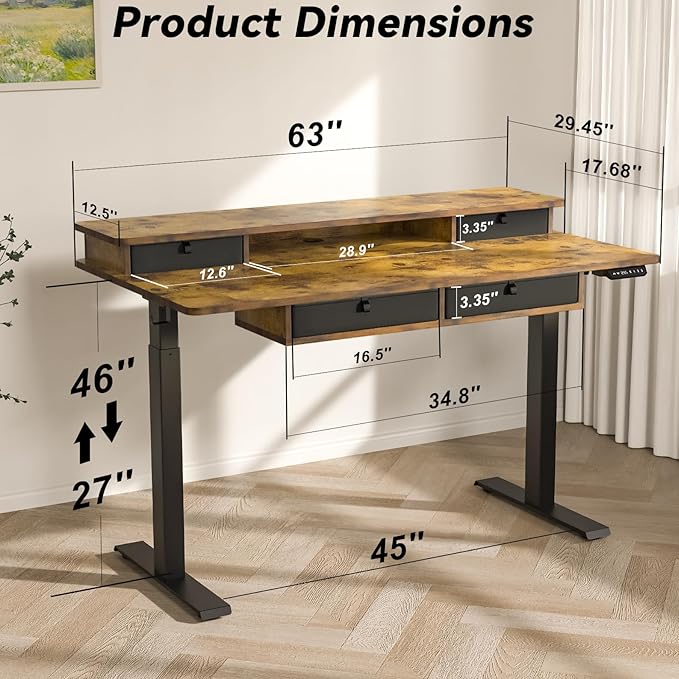 Adjustable Height Standing Desk with 4 Drawers & Wheels,63 x 30 inches Electric Sit Stand Home Office Desk with Two Tiers, 3 Memory Presets, Monitor Stand Riser, USB A/C Charging Port