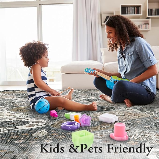 Lahome Moroccan Trellis 9x12 Rug for Living Room, Soft 9x12 Area Rug for Bedroom Dining Room, Ultra-Thin Non-Slip Non Shedding Distressed Throw Large Carpet for Office, Grey