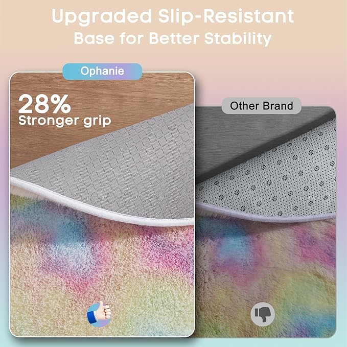 Ophanie Rainbow Rug for Bedroom Girls, Unicorn Colorful Fluffy Soft Cute Fuzzy Area Rugs, Shag Plush Shaggy Bedside Floor 4x4 Round Furry Carpet for Kids Baby Teen Dorm Nursery Home Decor Aesthetic