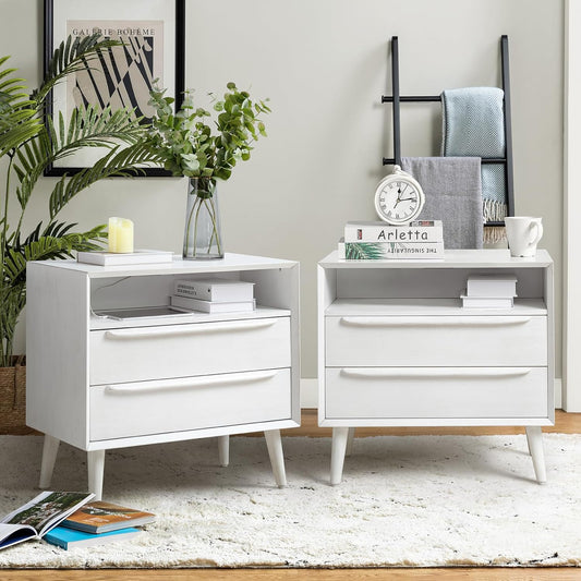 HULALA HOME Nightstand with Charging Station, Set of 2 Mid-Century Modern 2 Drawer and Open Shelf Dresser for Bedroom, Fluted Bedside Table, White