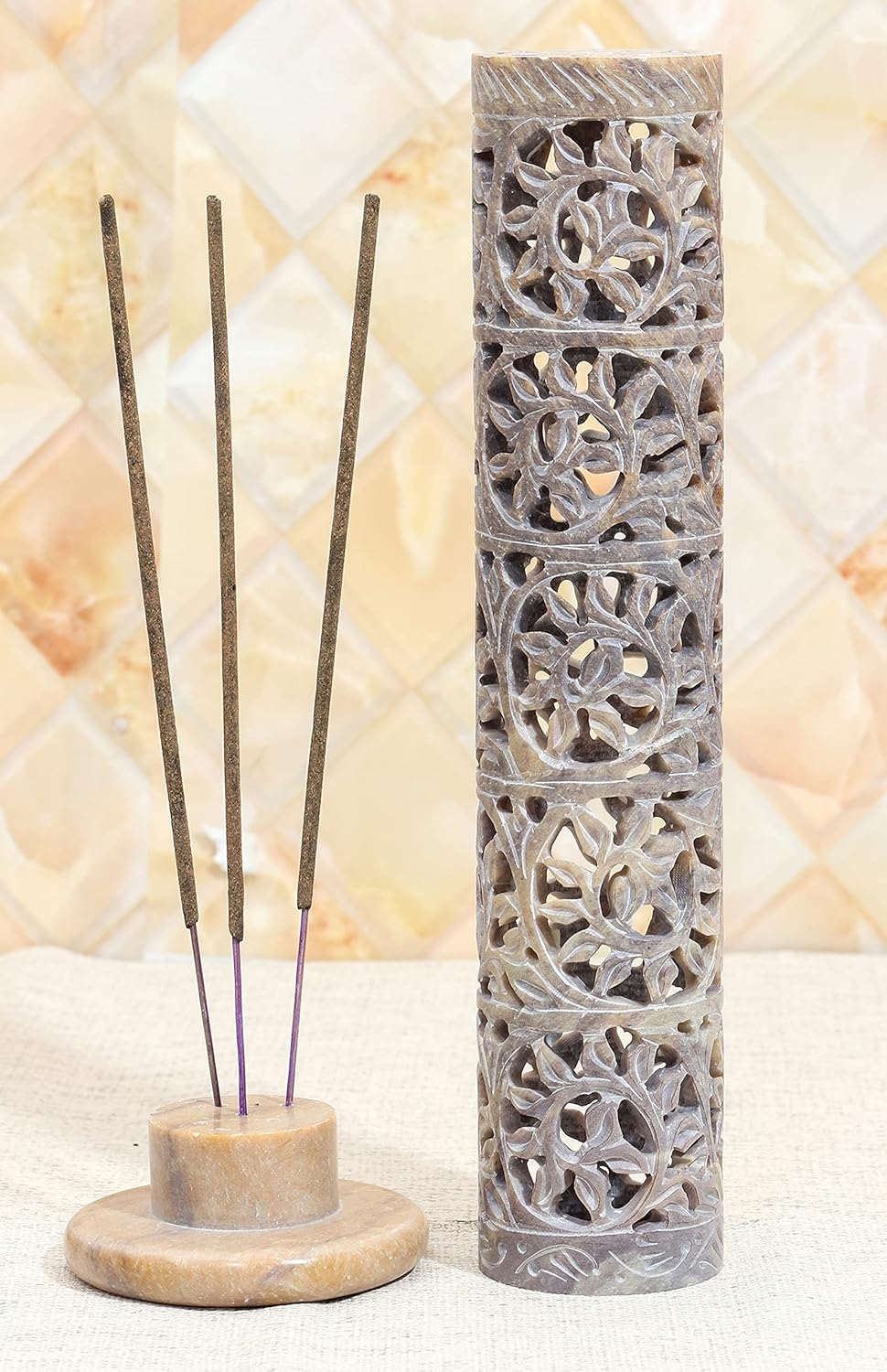 Crocon Soapstone Handmade Incense Tower Burner Leaf Crafting Incense Corner Burner | Tea Light Holder | Living Room Decor Kitchen Home Fragrance Decorative Best Gift Set Size 2.7X2.7X10 Inch