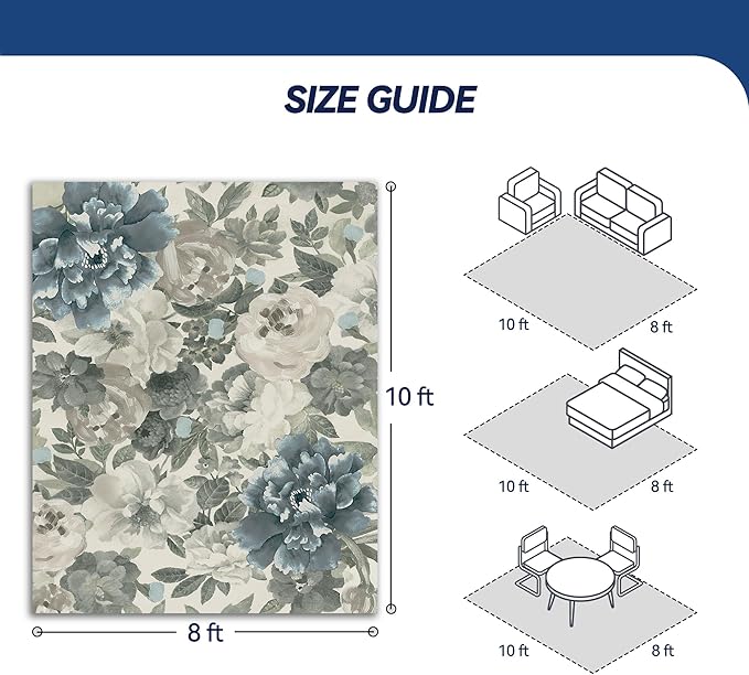 Boho Floral Area Rug 8x10 - Hand-Drawn Gray Green Blooms on Cream, Low-Pile Non-Slip Carpet, Machine Washable for Living Room & Bedroom Vintage Decor.