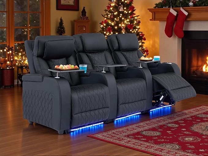 Home Theater Seating Top Grain Leather, Movie Theater Chairs Theater Recliner Sofa with Dual Power Ergonomic Design 7 Colors Ambient Lighting Tray Table Type-C USB Charge (Black, Row of 3)