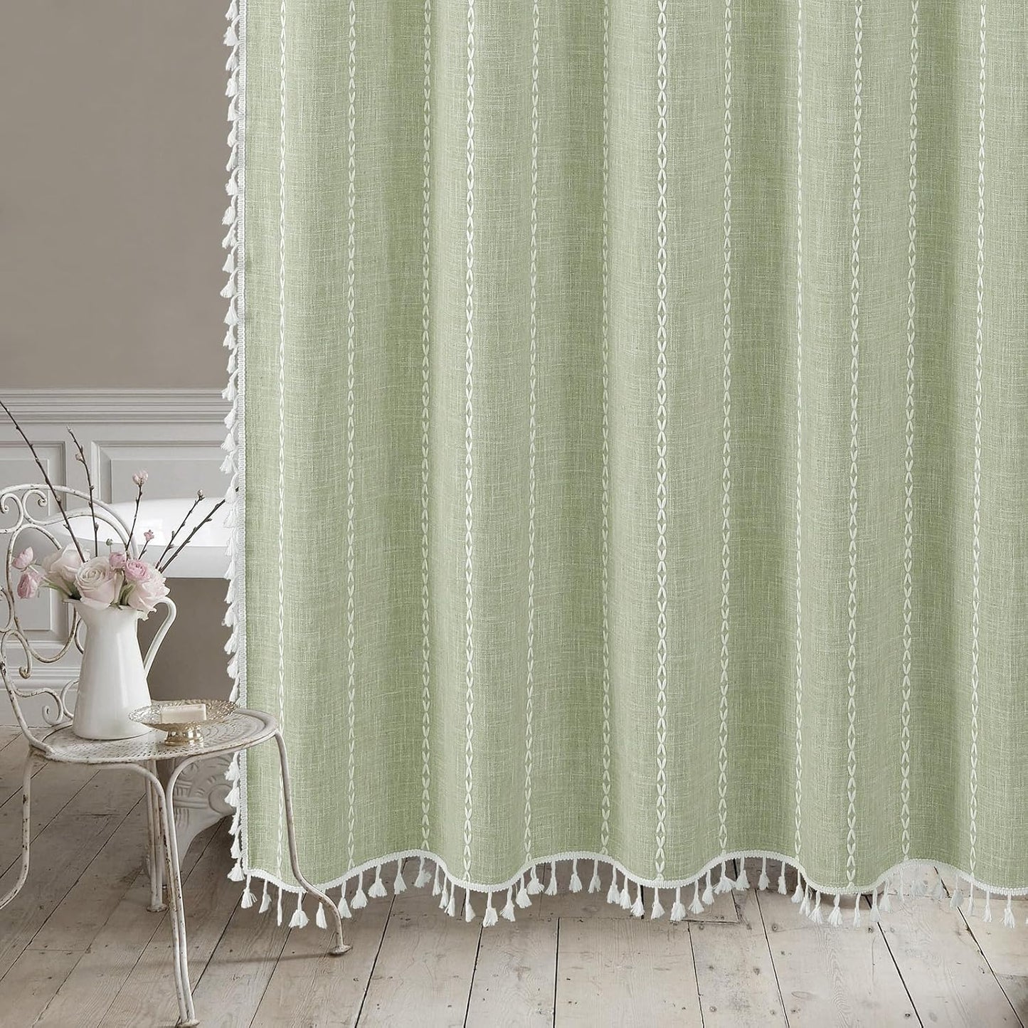 MitoVilla Boho Small Stall Fabric Shower Curtain 36 x 72, Sage Green Half Size Narrow Polyester Linen Tassel Cloth Shower Curtains for Chic Modern Farmhouse Country Bathroom Decor
