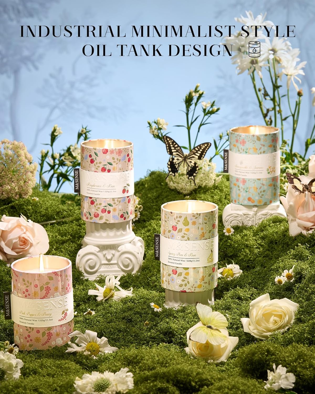 M&SENSE Herbs Vines Scented Candle, Medium Jar Candle 11.3oz Natural Soy Wax for Home Scented, Floral Candles Gift for Spring Holiday, Up to 70 Hours Burning Long-Lasting Fragrance