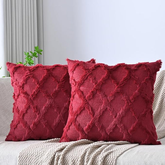Set of 2 Soft Moroccan Throw Pillow Covers 20x20 Inch Plush Boho Decorative Pillow Cover Accent Cushion Case for Couch Sofa Bed, Burgundy