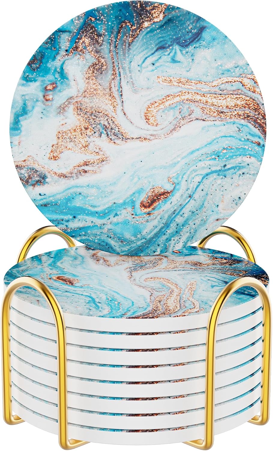 Coasters for Drinks Set of 8, Absorbent Ocean Marble with Metal Golden Holder, Ceramic Coaster Set Cup Mat for Home Decor, Bar, Kitchen, Party