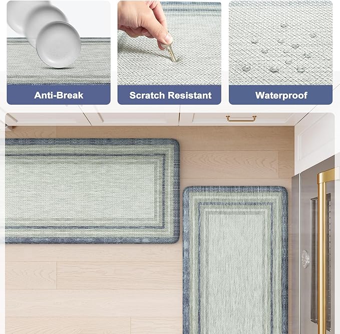 KIMODE Anti Fatigue Kitchen Mats, 17.3" x 29" Farmhouse Kitchen Rugs, Cushioned, Non-Slip Waterproof Comfort Thick Kitchen Floor Standing Mat for Corner Sink, Laundry Floor, Blue and Gray