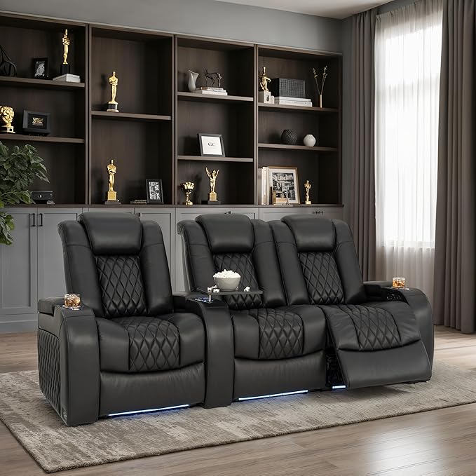 Seatcraft Diamante Zero-Gravity CoolZero Italian Leather Home Theater Seating, Power Headrest, Power Recline, Row of 3 Right Loveseat, Black