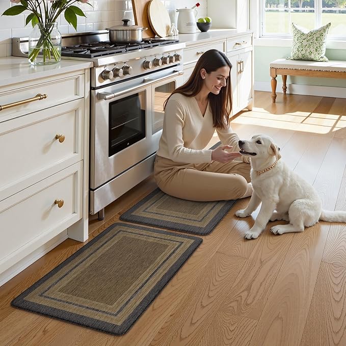 KIMODE Anti Fatigue Kitchen Mats, Boho Distressed Kitchen Floor Mats 20"x47"+20"x32", Non Slip Waterproof Kitchen Rugs, Padded Comfort Standing Mats for Laundry Office Sink Desk Grey/Brown