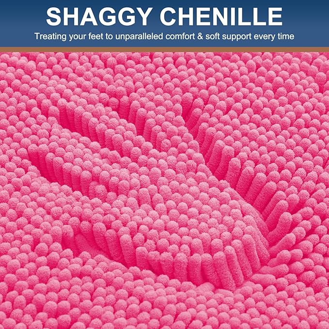 Smiry Luxury Chenille Bathroom Rugs 30x20, Extra Soft and Absorbent Shaggy Bath Mat, Machine Washable, Non-Slip Plush Carpet Runner for Tub, Shower, and Floor, Home Decor Accessories, Hot Pink