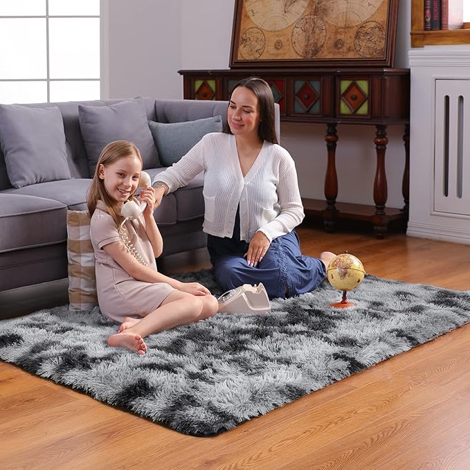 Ophanie Tie-Dyed Black&Grey Area Rugs for Bedroom Living Room, Fluffy Shag Fuzzy Carpet, Plush Shaggy Rug, 4x6 Indoor Carpet for Kids Boys Dorm Home Decor Aesthetic, Nursery