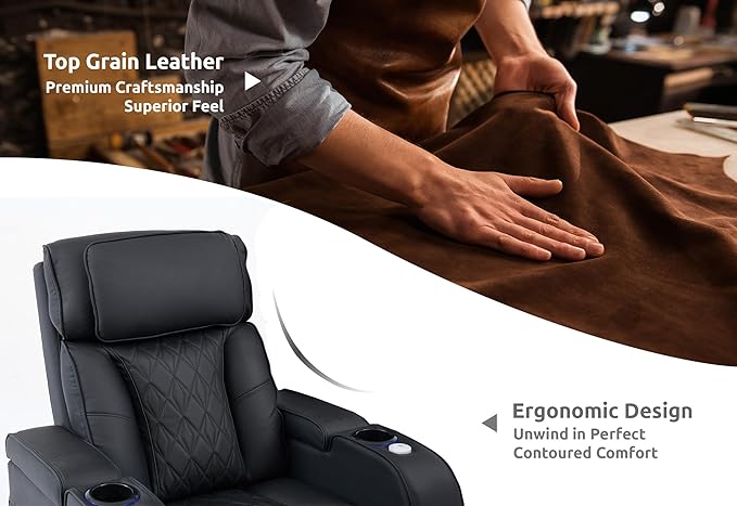 Home Theater Seating Top Grain Leather, Movie Theater Chairs Theater Recliner Sofa with Dual Power Ergonomic Design 7 Colors Ambient Lighting Tray Table Type-C USB Charge (Black, Row of 5)