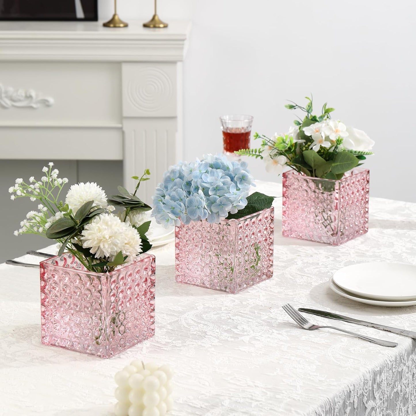 Square Vases Set of 6, 4" x 4" x 4" Square Glass Vases for Flowers, Pink Flower Vase for Centerpieces, Small Bubble Vase for Wedding, Party, Home, Office, Parties, Events