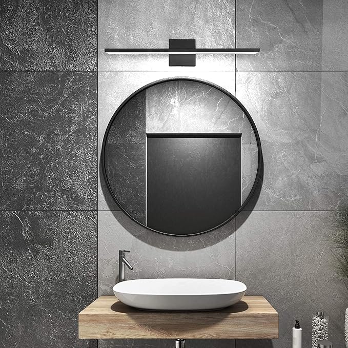 JUSHENG Black Bathroom Vanity Light Fixtures 24 Inch Modern LED Vanity Lighting Bathroom Lights Over Mirror Wall Sconce 24W 6000K Cool White