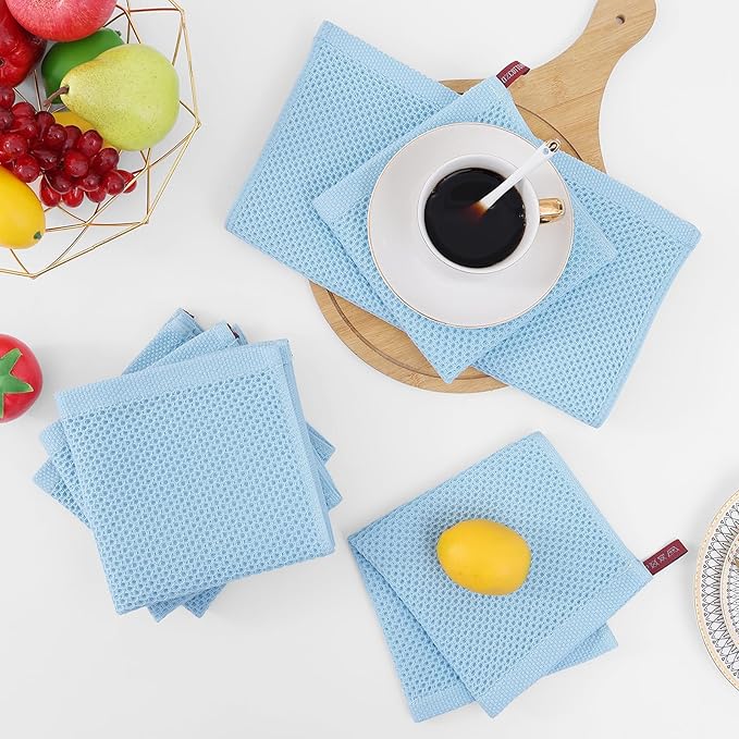Homaxy 100% Cotton Waffle Weave Kitchen Dish Cloths, Ultra Soft Absorbent Quick Drying Dish Towels, 12 x 12 Inches, 8-Pack, Sky Blue