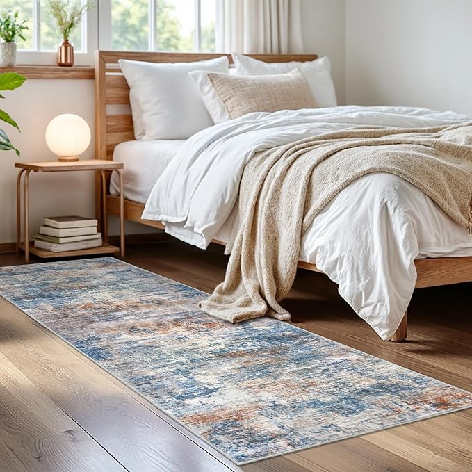 IOHOUZE Abstract Runner Rug 2x6 Ft Washable Runners for Hallways, Non Slip Kitchen Runner Printed Faux Wool Entryway Runner Indoor, Modern Abstract Floor Carpet for Hall Bedroom, Blue Rust