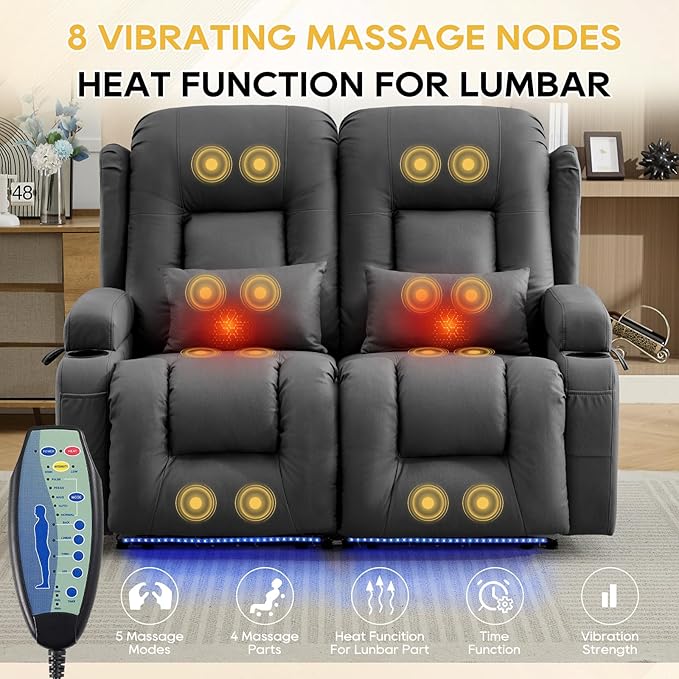 IPKIG 54" Power Reclining Loveseat Sofa, Electric Home Theater Seating with 4 Colors Ambient Lighting/USB Ports/Cup Holders for Living Room, Bedroom, Home, RVs(Dark Grey, 2 Seater)