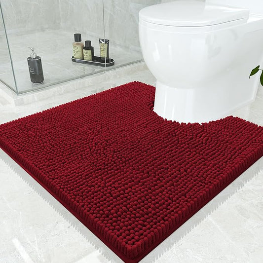 Smiry Luxury Chenille Toilet Rugs U-Shaped 24x24, Soft Absorbent Non-Slip Contour Bathroom Rugs for Toilet, Machine Washable Contoured Bath Mats, Burgundy