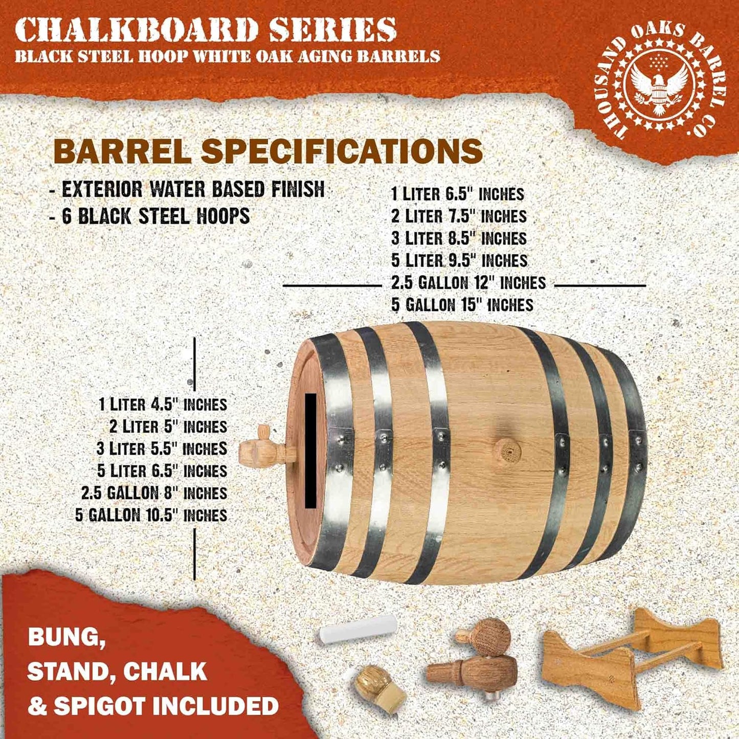 1 Gallon Oak Aging Barrel Dispenser (5 Liter) with Chalkboard Front, Wood Stand, Bung & Spigot - Charred Mini Bourbon Whiskey Barrels For The Home Brewer, Distiller, Wine Maker, Cocktail Aging