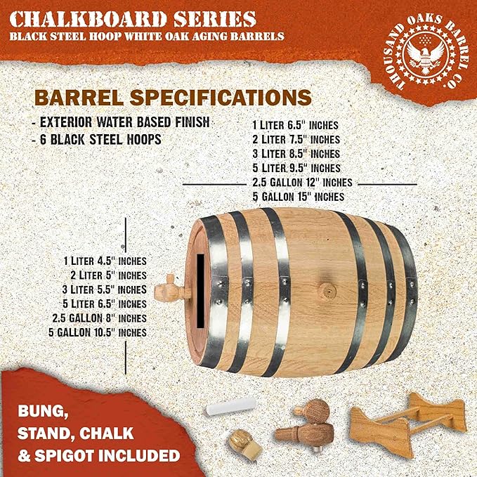 1 Gallon Oak Aging Barrel Dispenser (5 Liter) with Chalkboard Front, Wood Stand, Bung & Spigot - Charred Mini Bourbon Whiskey Barrels For The Home Brewer, Distiller, Wine Maker, Cocktail Aging