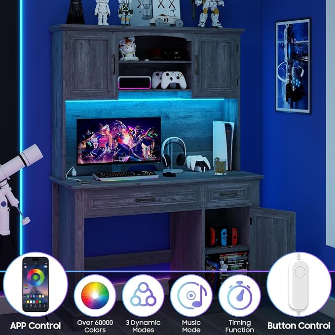 Farmhouse 47" Executive Desk with Hutch, 2 Drawers and LED Light, Computer Desk with Storage Cabinet and Charging Station,Workstation for Home Office and Study.Grey