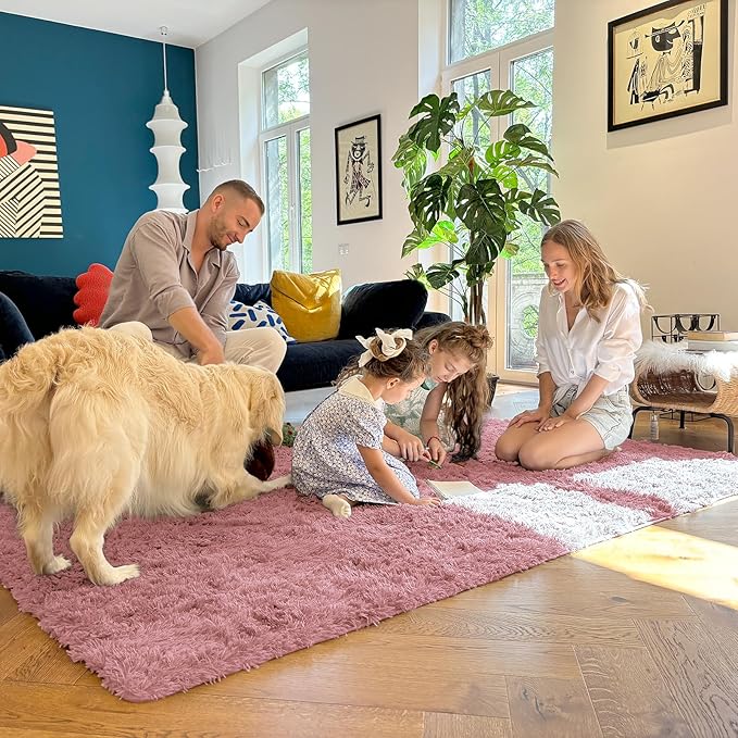 OLANLY Area Rugs for Living Room Bedroom, Machine Washable 4x5.9 ft Soft Fluffy Shaggy Bedside Rug, Indoor Floor Carpet for Kids Girls and Boys, Dorms, Nursery Rooms, Home Decor Aesthetic, Pale Pink