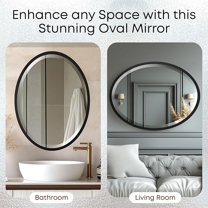 OVALCREST - Oval Wooden Beveled Wall Mirror for Home Decor, Bathroom, Vanity, Bedroom, Living Room, Hallway - London Style (Matte Black) 21.1 x 31.1