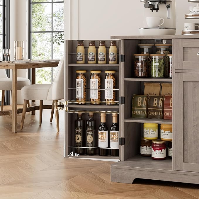 HITHOS 54" Buffet Cabinet with Storage, Modern Kitchen Buffet Sideboard with Drawer, Wood Coffee Bar Station with Adjustable Shelves, Kitchen Storage Cabinet for Living Room, Ash Grey