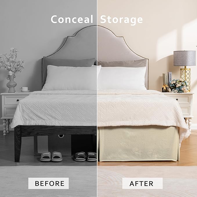 MIYE Pleated Waffle Weave Bed Skirt, Tailored Dust Ruffle 12 Inch Drop Easy Fit, Machine Washable,No Split Corners(Light Beige, Cal King - 12" Drop)