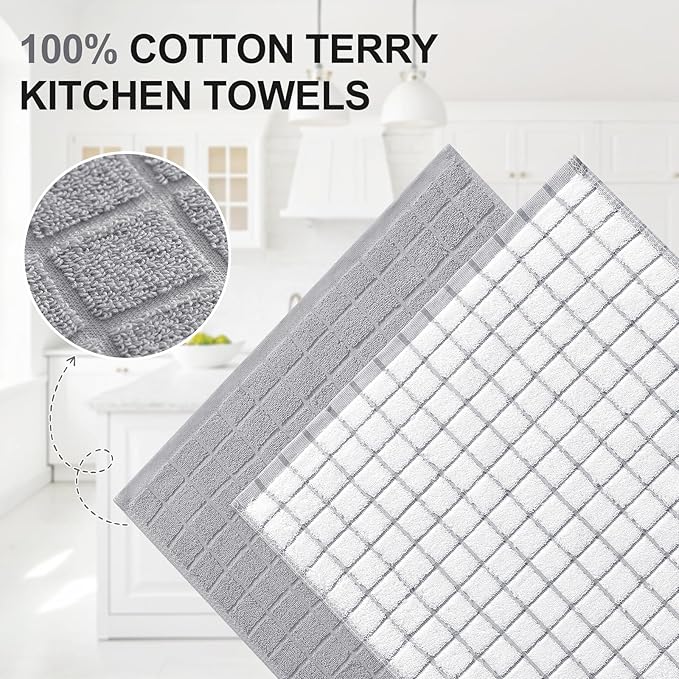 Homaxy Premium Cotton kitchen towels 16"x 28", Large Natural Ring Spun 390 GSM Dish Towels, Super Absorbent Terry Kitchen Hand Towels, Soft Tea Towel with Hanging Loop, Light Grey Check Design, 8 Pack