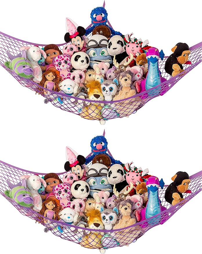 Lilly's Love Stuffed Animal Hammock | Corner Hanging Organizer, Toy Storage, Stuffed Animal Storage Net | Made from Quality Fishing Net, Holds 12lbs | 67"x47"x47" (Purple, 2 Pack)