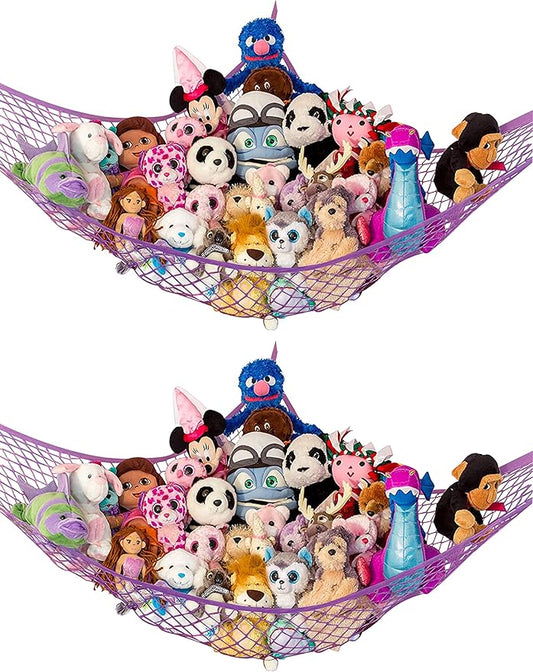 Lilly's Love Stuffed Animal Hammock | Corner Hanging Organizer, Toy Storage, Stuffed Animal Storage Net | Made from Quality Fishing Net, Holds 12lbs | 67"x47"x47" (Purple, 2 Pack)