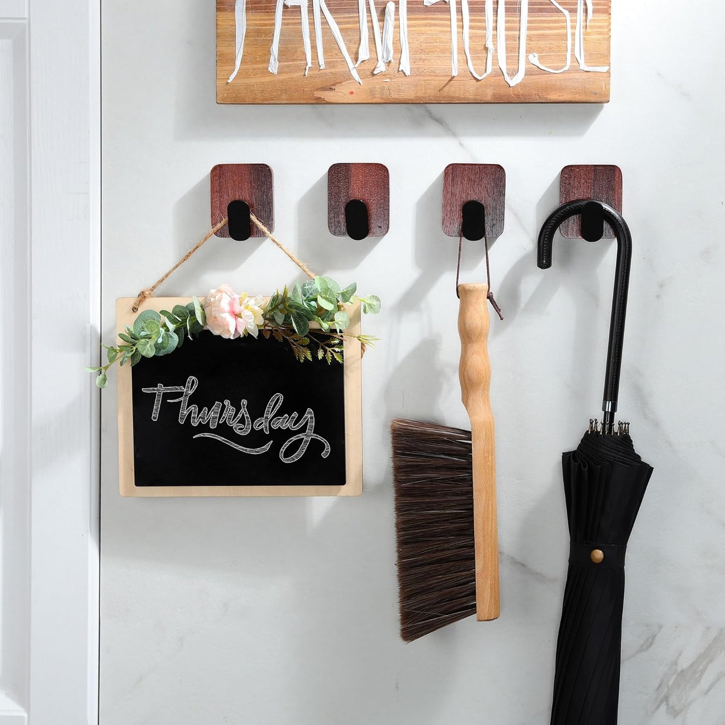 DELITON Acacia Wooden Towel Hooks Red Brown, 4 Pack Sticky Hooks for Hanging Towels, Coat, Hat, Robe, Heavy Duty, No Damage