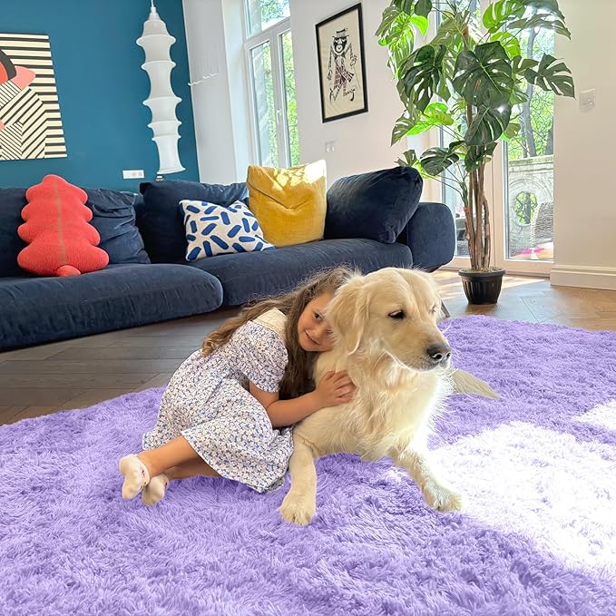 OLANLY Area Rugs for Living Room, Machine Washable 4x5.9 ft Soft Fluffy Shaggy Bedside Rug, Indoor Floor Carpet for Kids Girls and Boys, Dorms, Nursery Rooms, Home Decor Aesthetic, Light Purple