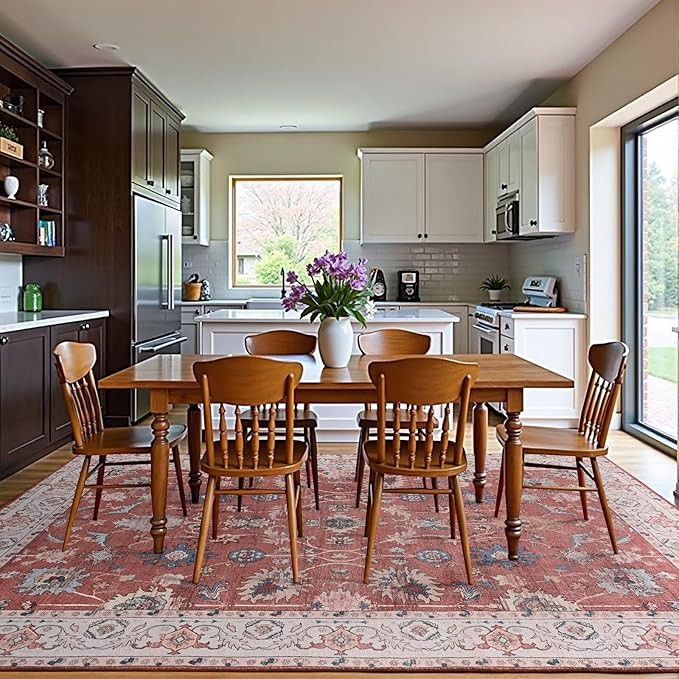 Vasofe 5x7 Rug for Bedroom, Washable Living Room Rugs for Dining Room, Red Indoor Floor Mat, Vintage Floral Mats for Home Decor, Farmhouse, Laundry Room, Non Slip Low Pile Soft Modern Carpet