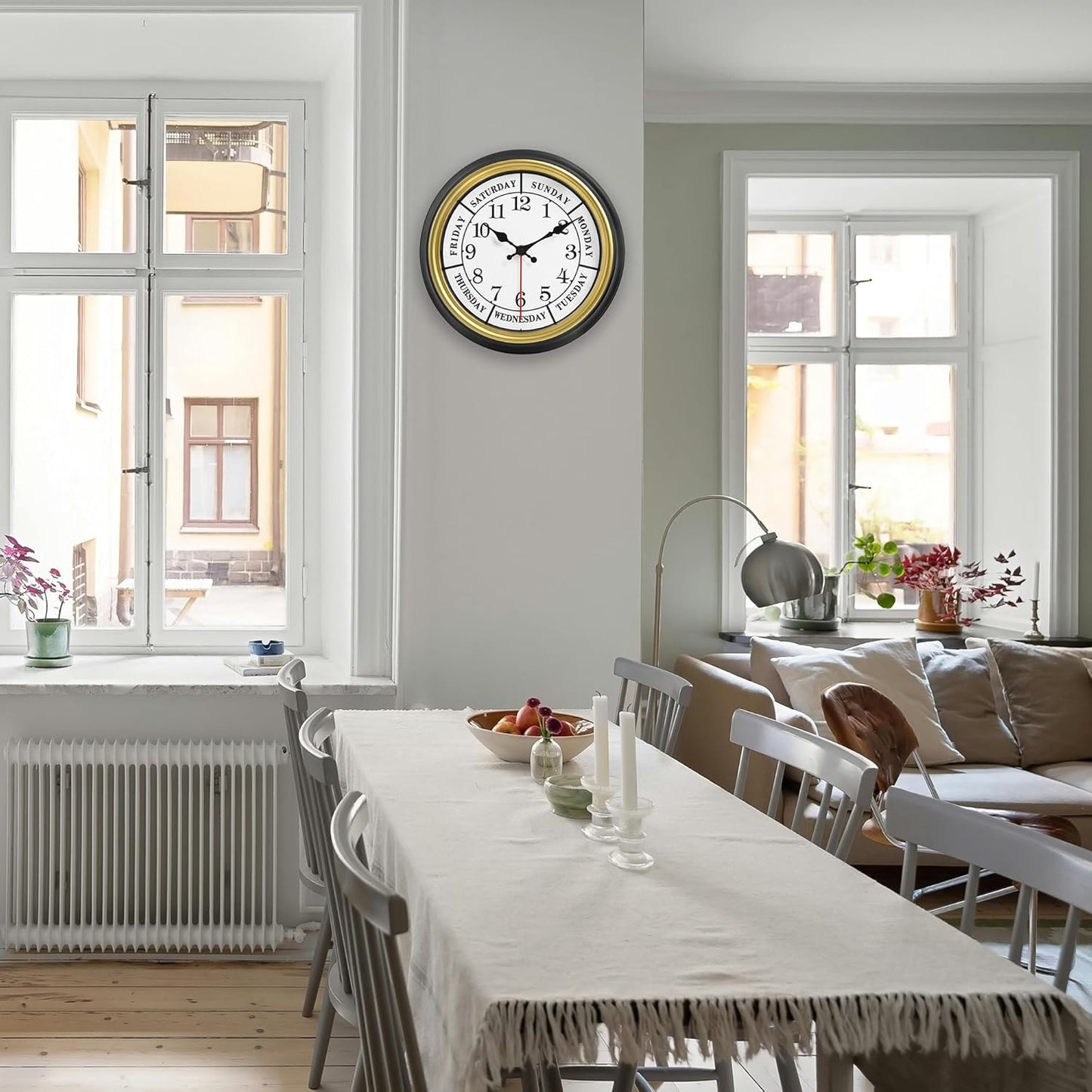 45MinST 12 Inches Retro Wall Clock,Day of The Week Wall Clock,Calendar Day Clock,Silent Non Ticking Battery Operated Movement(Gold)