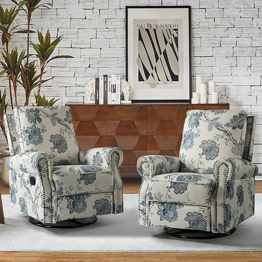 HULALA Home Rocker Recliner Set of 2, Modern Printed Fabric Swivel Glider w/Adjustable Backrest & Footrest, JEACOBEAN