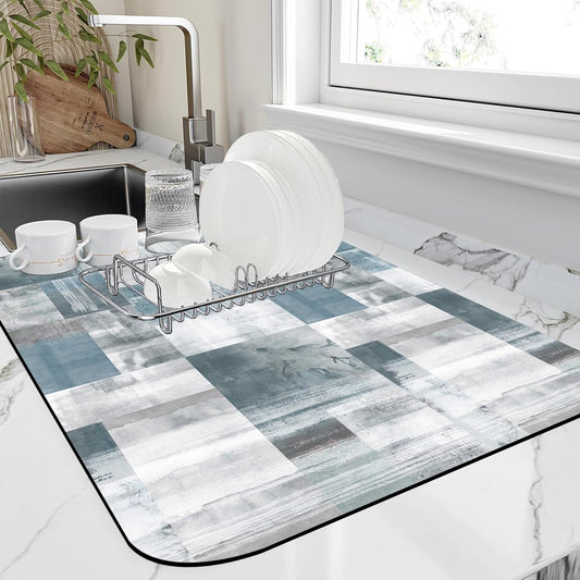 Dish Drying Mat Blue Grey Abstract Art Dish Drying Pad,12"X19" Bsorbent Coffee Mat for Sink Dishes or Under Rack Kitchen Counter Accessories Absorbent Hide Stain Rubber Backed Drying Mat