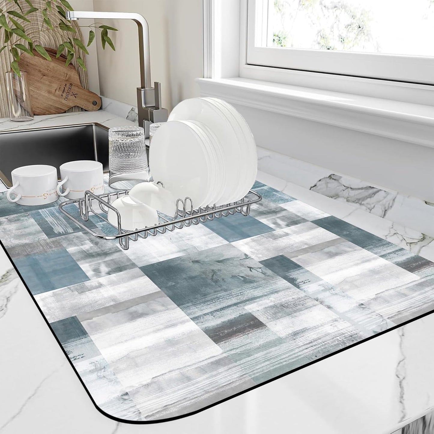 Dish Drying Mat Blue Grey Abstract Art Dish Drying Pad,16"X24" Bsorbent Coffee Mat for Sink Dishes or Under Rack Kitchen Counter Accessories Absorbent Hide Stain Rubber Backed Drying Mat