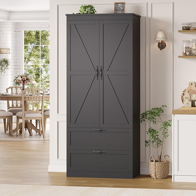 HOSTACK 70" Tall Kitchen Pantry Storage, Barn Doors Pantry Cabinet with Drawers and Adjustable Shelf, Modern Farmhouse Storage Cabinet for Kitchen, Dining Room, Living Room, Bathroom, Black