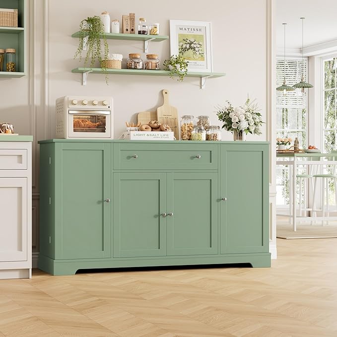 HITHOS 54" Buffet Cabinet with Storage, Modern Kitchen Buffet Sideboard with Drawer, Wood Coffee Bar Station with Adjustable Shelves, Kitchen Storage Cabinet for Living Room, Green