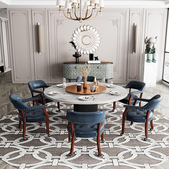 MODERION Dining Chairs with Wheels and Arm, Caster Boss Captain's Chairs with Solid Wood Leg, Office Desk Chairs with Button Upholstered, Classic Swivel Chair, 31.5”H Cherry Walnut Leg & Blue SY1533LB