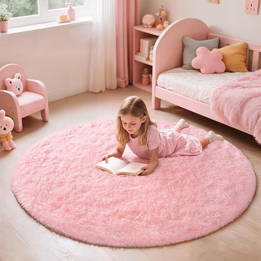 Pink Round Rug for Bedroom, 5Ft Fluffy Circle Area Rugs for Living Room, Shag Fuzzy Carpet for Kids Room, Nursery, Dorm, Classroom, Teen, Cute Baby Play Mat Home Decor Aesthetic