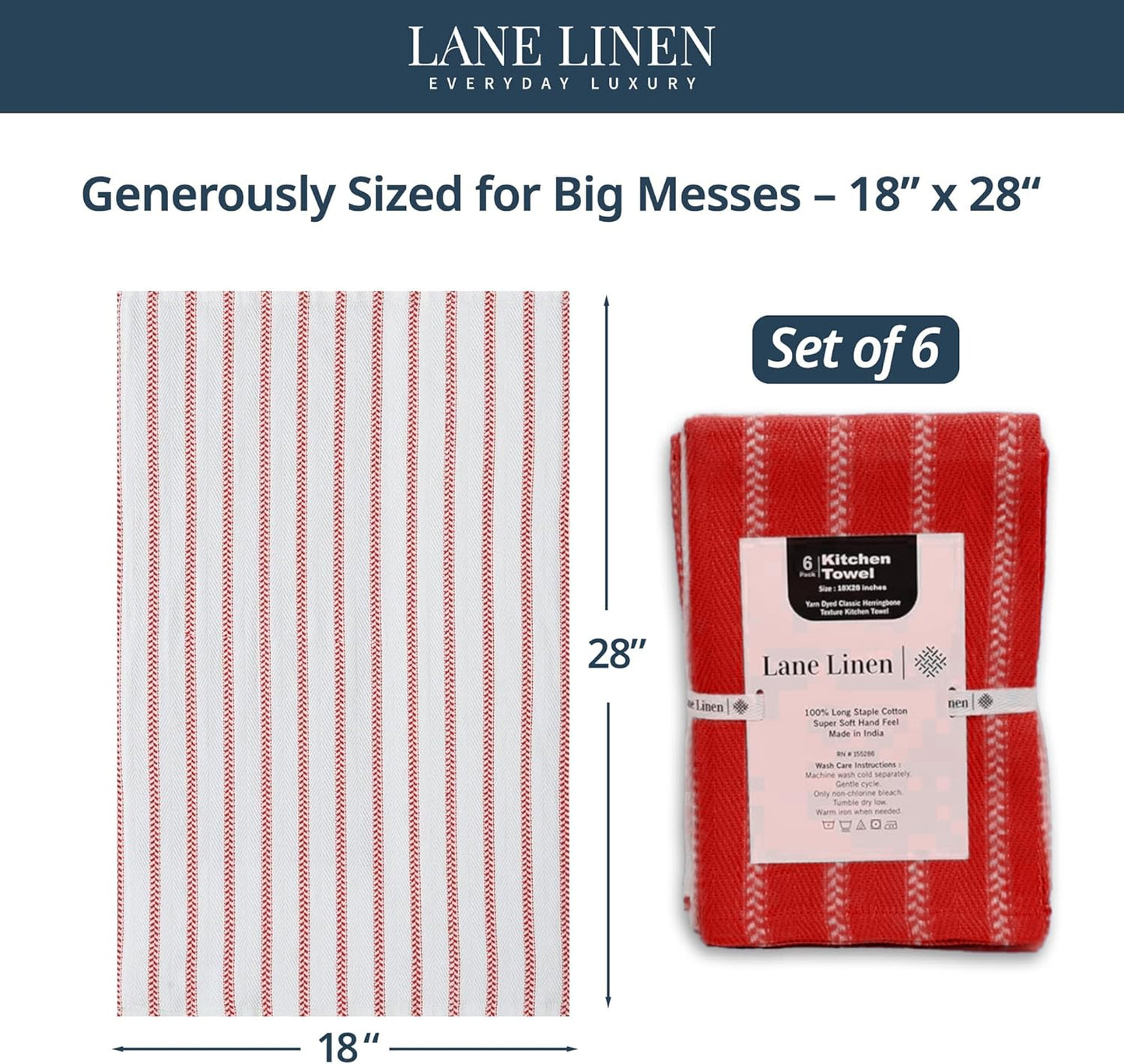 LANE LINEN Kitchen Towel Sets - Pack of 6 Cotton Dish Towels for Drying Dishes, 18”x 28”, Hand Towels, Absorbent Tea Towels, Quick Drying Kitchen Towels Set - Christmas Red