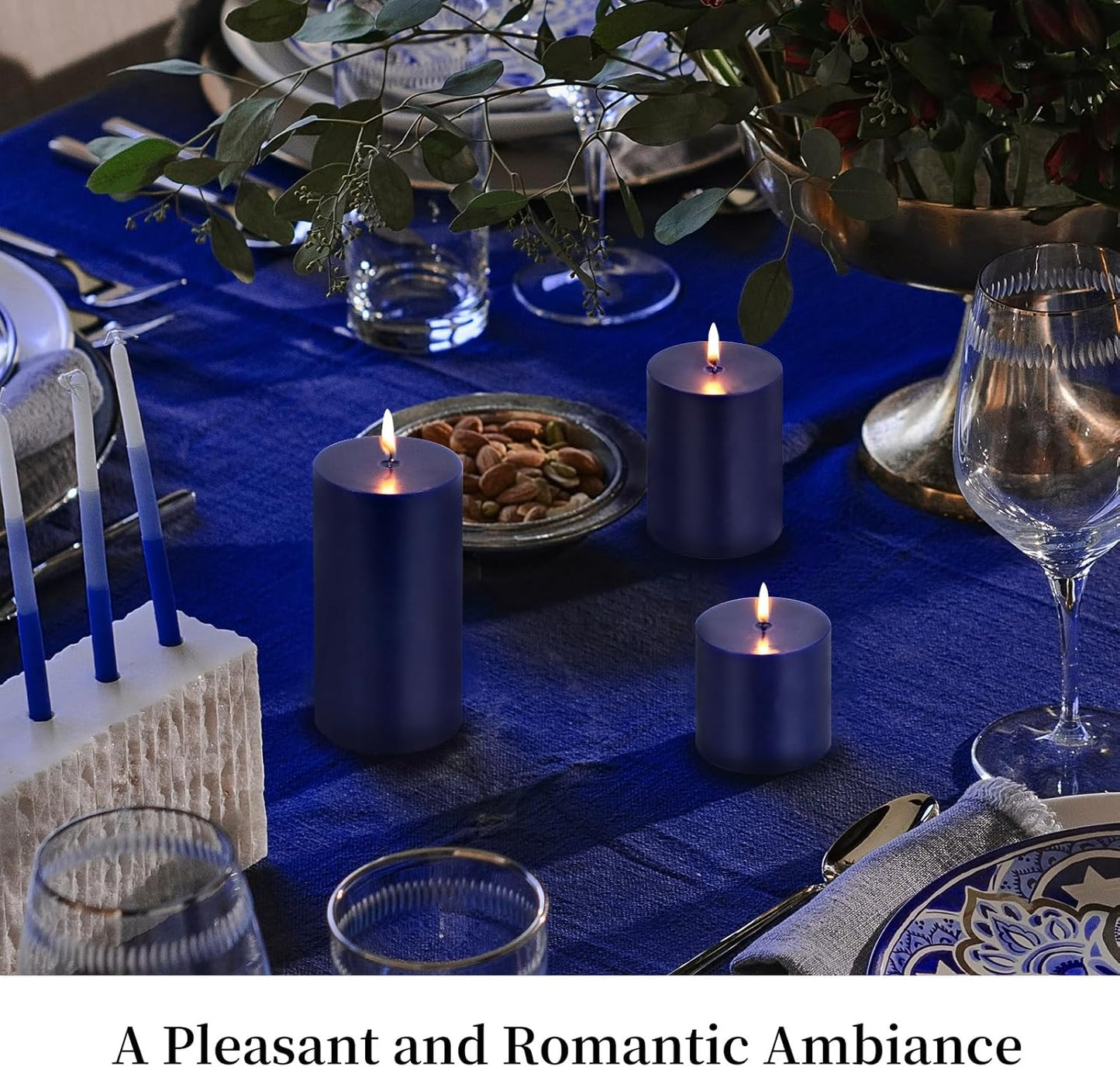 KONNI Navy Blue Pillar Candles Set of 3, 3"x 6" Unscented Pillar Candles Bulk, 56 Hours Long Burning Candles, Smokeless&Dripless Large Round Candle for Wedding, Home Decoration, Parties, Spas, Dinner