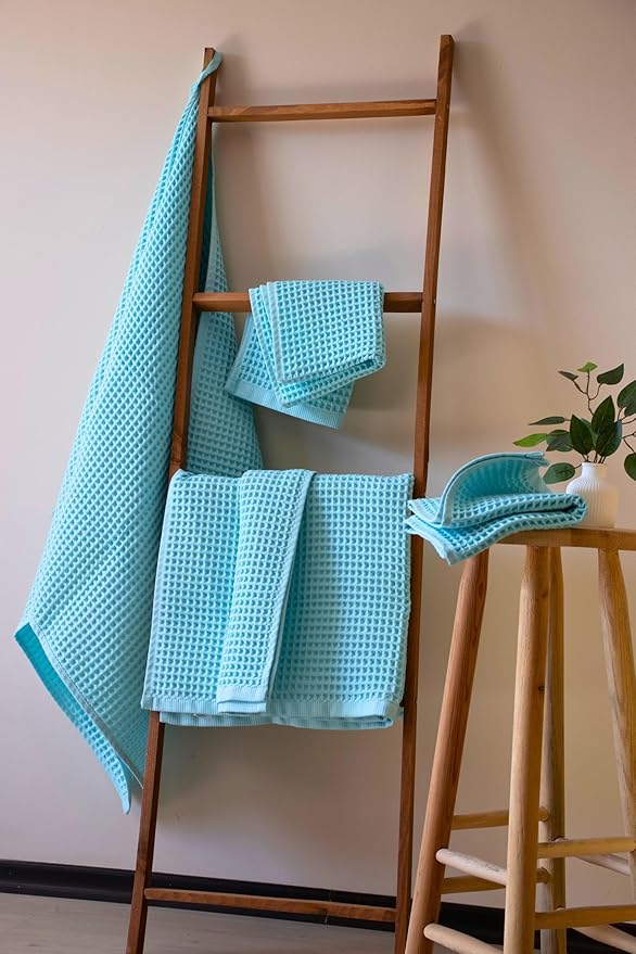 Püskül - Luxury Waffle Towel Set for Bathroom 4 Pieces Turquoise Blue, Premium Quality Organic 100% Turkish Cotton 2 Hand and 2 Bath Towels, Quick Dry Thin Waffle Towels, Made in Turkiye (Turquoise)